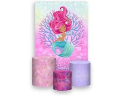 Painel De Festa Vertical 1,50 x 2,20 + Trio De Capas Cilindro - Efeito Glitter Sereia Corais Rosa 013