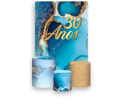 Painel De Festa Vertical 1,50 x 2,20 + Trio De Capas Cilindro - Efeito Mármore Azul com Dourado 30 Anos 034 Painel De Festa Vertical 1,50 x 2,20 + Trio De Capas Cilindro - Efeito Mármore Azul com Dourado 30 Anos 034