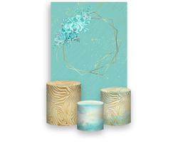 Painel De Festa Vertical 1,50 x 2,20 + Trio De Capas Cilindro - Efeito Mármore e Dourado com Flores 036 Painel De Festa Vertical 1,50 x 2,20 + Trio De Capas Cilindro - Efeito Mármore e Dourado com Flores 036