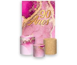 Painel De Festa Vertical 1,50 x 2,20 + Trio De Capas Cilindro - Efeito Mármore Pink com Dourado 90 Anos 052 Painel De Festa Vertical 1,50 x 2,20 + Trio De Capas Cilindro - Efeito Mármore Pink com Dourado 90 Anos 052