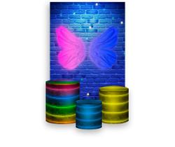 Painel De Festa Vertical 1,50 x 2,20 + Trio De Capas Cilindro - Efeito Neon Asas Azul e Rosa 013