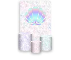 Painel De Festa Vertical 1,50 x 2,20 + Trio De Capas Cilindro - Escama de Sereia e Concha 017