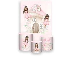 Painel De Festa Vertical 1,50 x 2,20 + Trio De Capas Cilindro - Fada Cogumelo com Flores 018