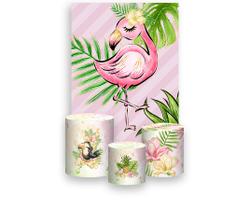 Painel De Festa Vertical 1,50 x 2,20 + Trio De Capas Cilindro - Flamingo Tropical Rosa 001