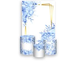 Painel De Festa Vertical 1,50 x 2,20 + Trio De Capas Cilindro - Floral Azul E Dourado 097 Painel De Festa Vertical 1,50 x 2,20 + Trio De Capas Cilindro - Floral Azul E Dourado 097
