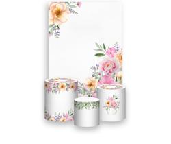 Painel De Festa Vertical 1,50 x 2,20 + Trio De Capas Cilindro - Floral Rosa Delicado 070 Painel De Festa Vertical 1,50 x 2,20 + Trio De Capas Cilindro - Floral Rosa Delicado 070