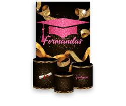 Painel De Festa Vertical 1,50 x 2,20 + Trio De Capas Cilindro - Formatura Capelo Rosa 025 Painel De Festa Vertical 1,50 x 2,20 + Trio De Capas Cilindro - Formatura Capelo Rosa 025