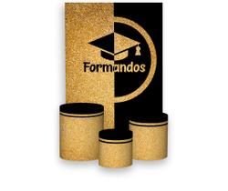 Painel De Festa Vertical 1,50 x 2,20 + Trio De Capas Cilindro - Formatura Formandos Preto e Dourado 009