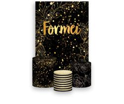 Painel De Festa Vertical 1,50 x 2,20 + Trio De Capas Cilindro - Formatura Formei Dourado 023 Painel De Festa Vertical 1,50 x 2,20 + Trio De Capas Cilindro - Formatura Formei Dourado 023