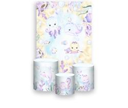 Painel De Festa Vertical 1,50 x 2,20 + Trio De Capas Cilindro - Fundo do Mar Lilás com Bege 014 Painel De Festa Vertical 1,50 x 2,20 + Trio De Capas Cilindro - Fundo do Mar Lilás com Bege 014