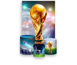Painel De Festa Vertical 1,50 x 2,20 + Trio De Capas Cilindro - Futebol Copa do Mundo Troféu 006