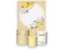 Painel De Festa Vertical 1,50 x 2,20 + Trio De Capas Cilindro - Geométrico Flores Amarelas e Brancas Efeito Glitter 013 Painel De Festa Vertical 1,50 x 2,20 + Trio De Capas Cilindro - Geométrico Flores Amarelas e Brancas Efeito Glitter 013