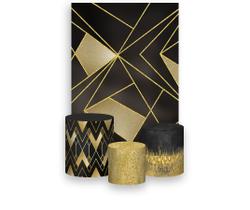 Painel De Festa Vertical 1,50 x 2,20 + Trio De Capas Cilindro - Geométrico Marrom com Dourado 033