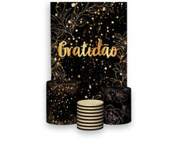 Painel De Festa Vertical 1,50 x 2,20 + Trio De Capas Cilindro - Gratidão Efeito Brilhos Dourado 009