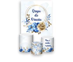 Painel De Festa Vertical 1,50 x 2,20 + Trio De Capas Cilindro - Grupo de Oração Floral Azul 007 Painel De Festa Vertical 1,50 x 2,20 + Trio De Capas Cilindro - Grupo de Oração Floral Azul 007