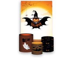 Painel De Festa Vertical 1,50 x 2,20 + Trio De Capas Cilindro - Halloween Abóbora Morcego 008 Painel De Festa Vertical 1,50 x 2,20 + Trio De Capas Cilindro - Halloween Abóbora Morcego 008