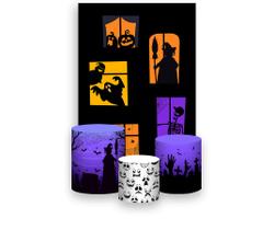 Painel De Festa Vertical 1,50 x 2,20 + Trio De Capas Cilindro - Halloween Bonecos 042 Painel De Festa Vertical 1,50 x 2,20 + Trio De Capas Cilindro - Halloween Bonecos 042