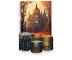 Painel De Festa Vertical 1,50 x 2,20 + Trio De Capas Cilindro - Halloween Castelo 035