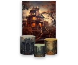Painel De Festa Vertical 1,50 x 2,20 + Trio De Capas Cilindro - Halloween Castelo Misterioso 034 Painel De Festa Vertical 1,50 x 2,20 + Trio De Capas Cilindro - Halloween Castelo Misterioso 034