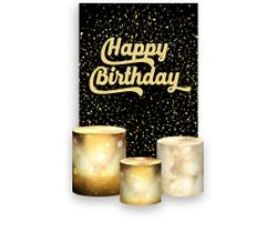 Painel De Festa Vertical 1,50 x 2,20 + Trio De Capas Cilindro - Happy Birthday Confetes Dourados Fundo Preto 014 Painel De Festa Vertical 1,50 x 2,20 + Trio De Capas Cilindro - Happy Birthday Confetes Dourados Fundo Preto 014
