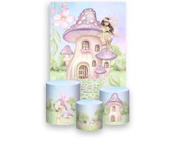 Painel De Festa Vertical 1,50 x 2,20 + Trio De Capas Cilindro - Jardim das Fadas Aquarela 010