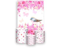 Painel De Festa Vertical 1,50 x 2,20 + Trio De Capas Cilindro - Jardim de Passarinhos e Flores 009