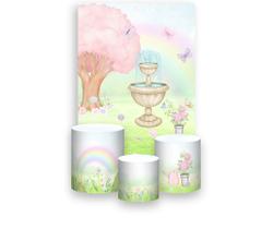 Painel De Festa Vertical 1,50 x 2,20 + Trio De Capas Cilindro - Jardim Encantado com Arco-íris 034