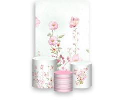 Painel De Festa Vertical 1,50 x 2,20 + Trio De Capas Cilindro - Jardim Flores Rosa e Verde Tom Pastel 055