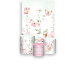Painel De Festa Vertical 1,50 x 2,20 + Trio De Capas Cilindro - Jardim Florido com Borboletas 056 Painel De Festa Vertical 1,50 x 2,20 + Trio De Capas Cilindro - Jardim Florido com Borboletas 056