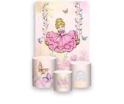 Painel De Festa Vertical 1,50 x 2,20 + Trio De Capas Cilindro - Jardim Princesa no Balanço 023 Painel De Festa Vertical 1,50 x 2,20 + Trio De Capas Cilindro - Jardim Princesa no Balanço 023