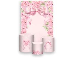 Painel De Festa Vertical 1,50 x 2,20 + Trio De Capas Cilindro - Laço Rosa com Flores 057 Painel De Festa Vertical 1,50 x 2,20 + Trio De Capas Cilindro - Laço Rosa com Flores 057