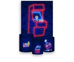 Painel De Festa Vertical 1,50 x 2,20 + Trio De Capas Cilindro - Maquina De Jogos Azul 020