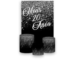 Painel De Festa Vertical 1,50 x 2,20 + Trio De Capas Cilindro - Meus 20 Anos Efeito Glitter Prateado 182