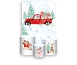 Painel De Festa Vertical 1,50 x 2,20 + Trio De Capas Cilindro - Natal Carrinho de Presentes 044