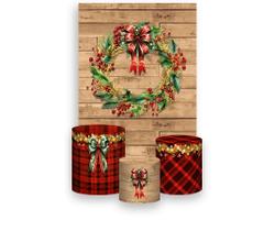 Painel De Festa Vertical 1,50 x 2,20 + Trio De Capas Cilindro - Natal Efeito Madeira Laços Rústico 026 Painel De Festa Vertical 1,50 x 2,20 + Trio De Capas Cilindro - Natal Efeito Madeira Laços Rústico 026
