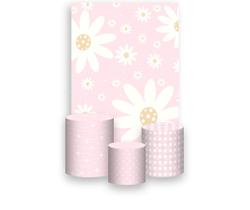 Painel De Festa Vertical 1,50 x 2,20 + Trio De Capas Cilindro - Padrão de Margaridas Delicadas Rosa Pastel 084