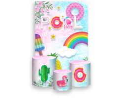 Painel De Festa Vertical 1,50 x 2,20 + Trio De Capas Cilindro - Pool Party Azul e Rosa 002