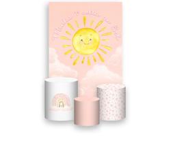 Painel De Festa Vertical 1,50 x 2,20 + Trio De Capas Cilindro - Primeira Volta ao Sol Céu Rosa 043 Painel De Festa Vertical 1,50 x 2,20 + Trio De Capas Cilindro - Primeira Volta ao Sol Céu Rosa 043