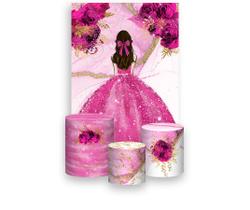 Painel De Festa Vertical 1,50 x 2,20 + Trio De Capas Cilindro - Princesa Pink com Flores 064