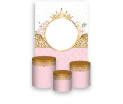 Painel De Festa Vertical 1,50 x 2,20 + Trio De Capas Cilindro - Realeza Rosa Candy 005