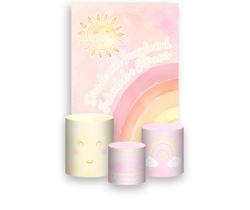 Painel De Festa Vertical 1,50 x 2,20 + Trio De Capas Cilindro - Sorrisos Rosa com Amarelo 040