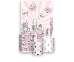 Painel De Festa Vertical 1,50 x 2,20 + Trio De Capas Cilindro - Super Heroina Rosa 014