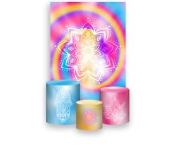Painel De Festa Vertical 1,50 x 2,20 + Trio De Capas Cilindro - Tie Dye Mandala Hippie 004