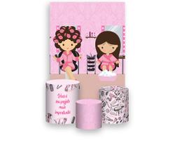 Painel De Festa Vertical 1,50 x 2,20 + Trio De Capas Cilindro - Um dia no Salão de Beleza Rosa 008 Painel De Festa Vertical 1,50 x 2,20 + Trio De Capas Cilindro - Um dia no Salão de Beleza Rosa 008