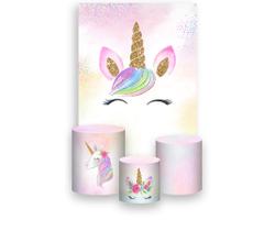 Painel De Festa Vertical 1,50 x 2,20 + Trio De Capas Cilindro - Unicórnio Aquarela com Efeito Brilho 023