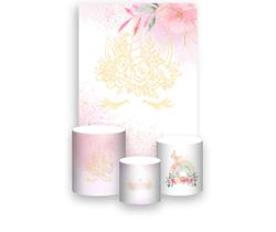 Painel De Festa Vertical 1,50 x 2,20 + Trio De Capas Cilindro - Unicórnio Efeito Glitter Dourado 011