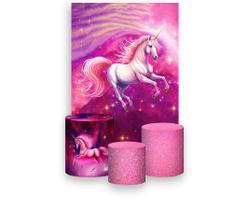 Painel De Festa Vertical 1,50 x 2,20 + Trio De Capas Cilindro - Unicórnio Efeito Glitter Rosa 008