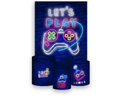 Painel De Festa Vertical 1,50 x 2,20 + Trio De Capas Cilindro - Video Game Azul e Vermelho 016 Painel De Festa Vertical 1,50 x 2,20 + Trio De Capas Cilindro - Video Game Azul e Vermelho 016