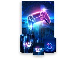 Painel De Festa Vertical 1,50 x 2,20 + Trio De Capas Cilindro - Video Game Cidade Azul 006 Painel De Festa Vertical 1,50 x 2,20 + Trio De Capas Cilindro - Video Game Cidade Azul 006