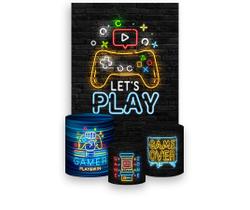 Painel De Festa Vertical 1,50 x 2,20 + Trio De Capas Cilindro - Video Game Efeito Tijolinhos 018